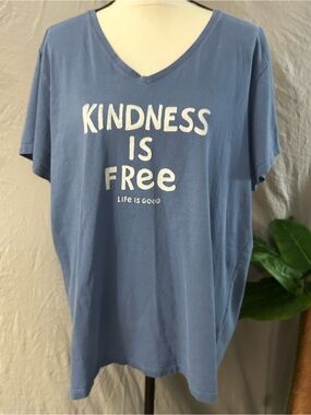 Life Is Good Blue V-Neck Tee with "Kindness Is Free" Print